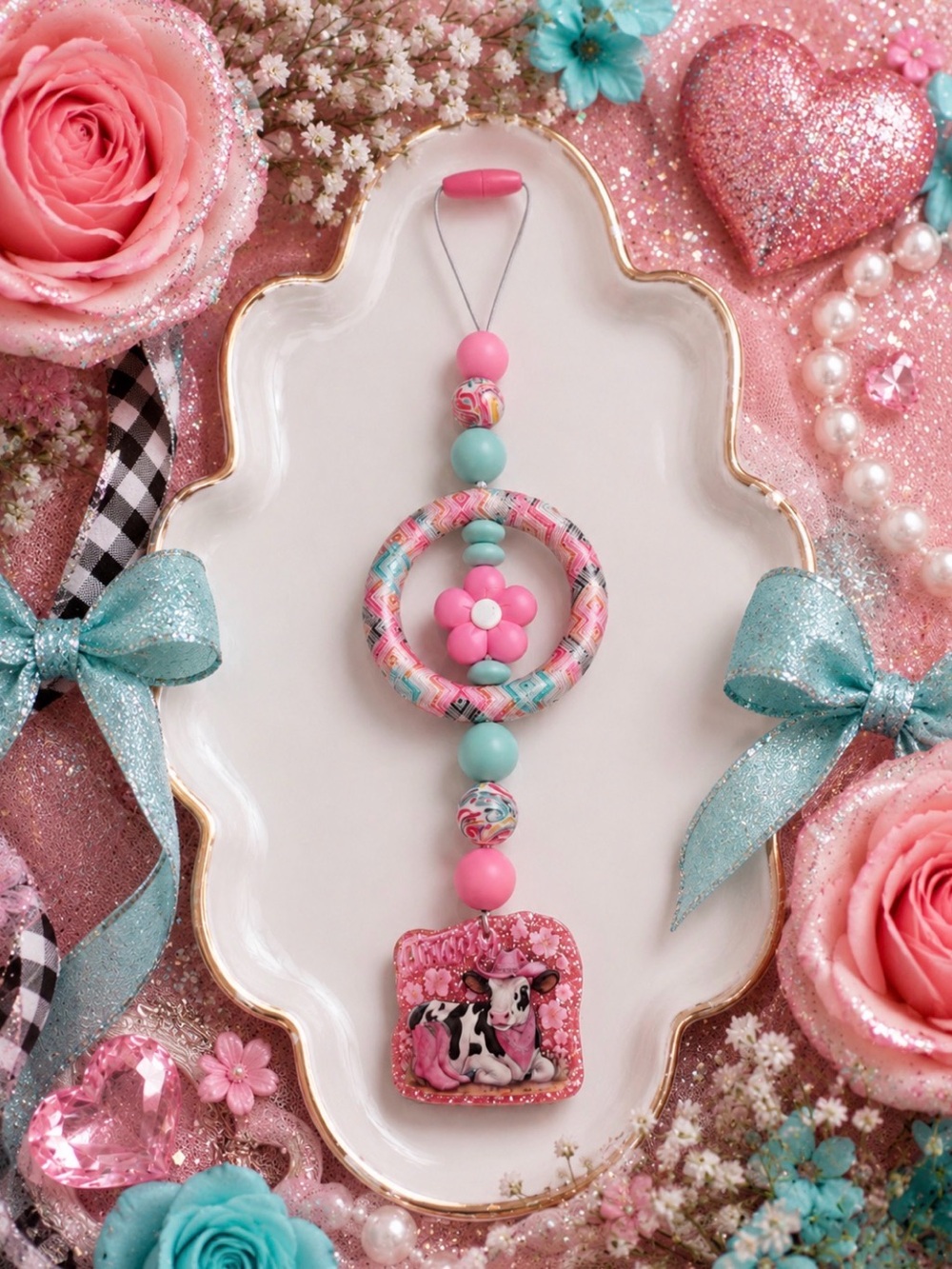 Handmade Pink & Aqua Floral Beaded Car Charm